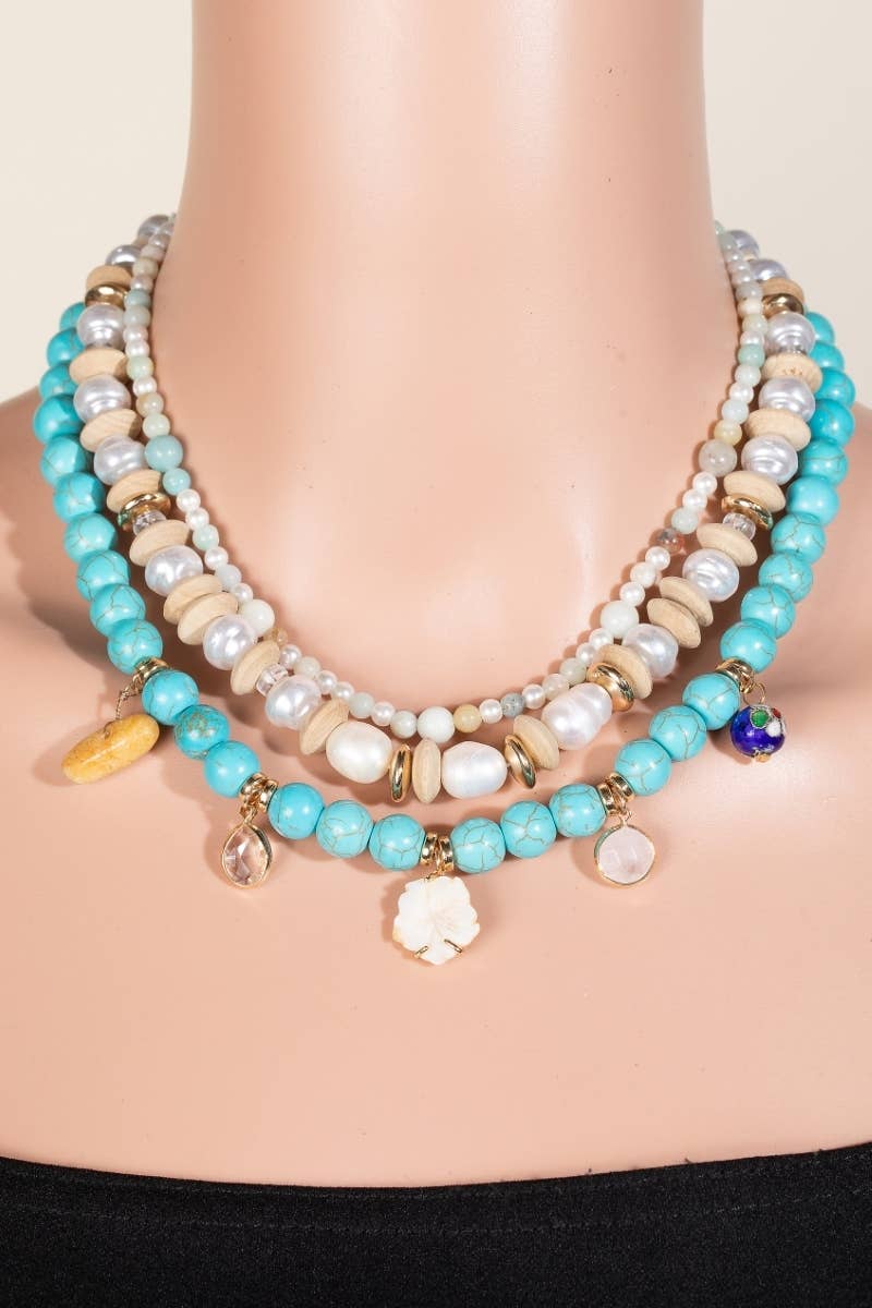 Shell Flower Pendant Mixed Beaded Layered Necklace