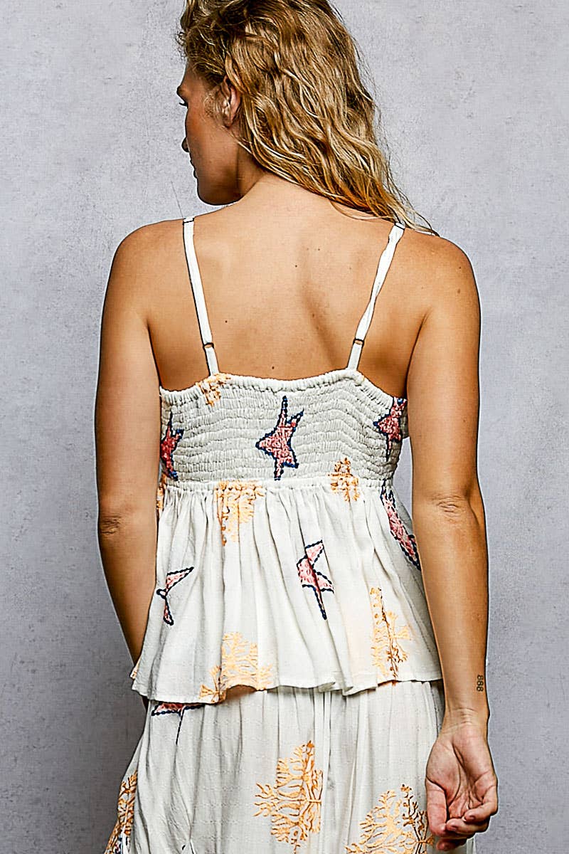 Star Embroidery Tassel Pocket Wide Leg Flowy Pants and Tank