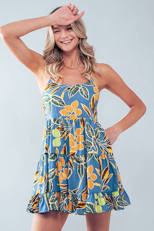 Tropical Leaf Print Tiered Mini Dress