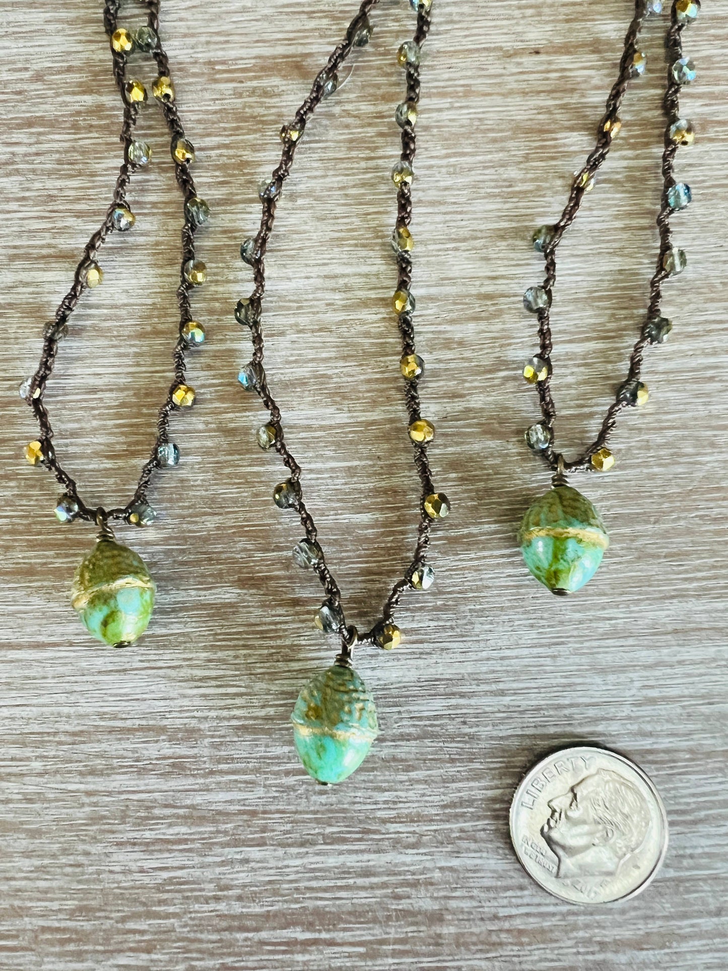 Earthy Glass Forest Acorn Necklace In Beautiful Spring Green