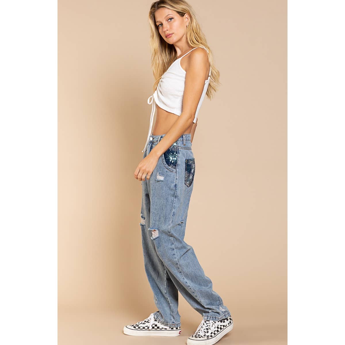 Starburst Pockets Distressed Denim Jeans