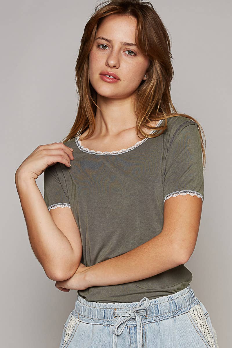 Charcoal Round neck lace lace short sleeve solid basic knit top