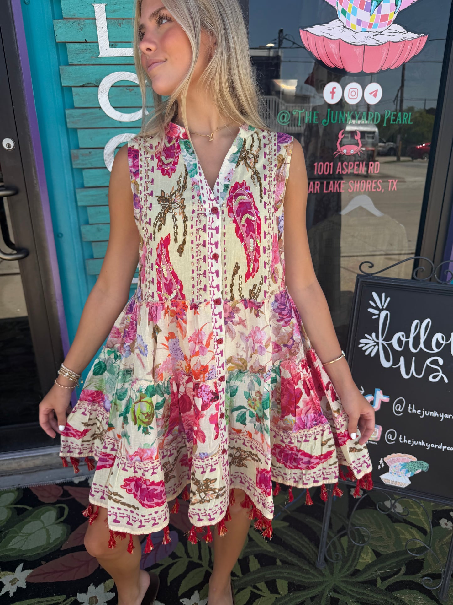 Cotton Button Closure Floral Tassel Bead Sleeveless Dress
