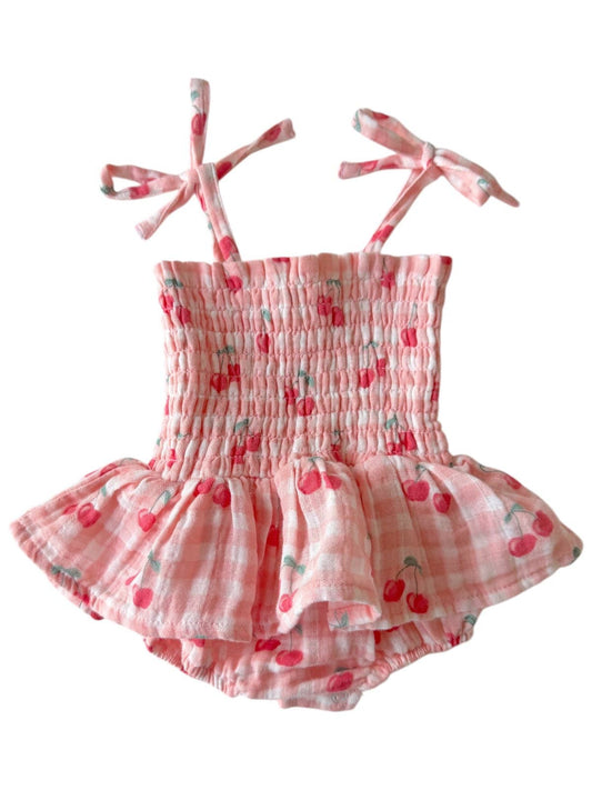 Gingham Cherries / Muslin Smocked Bubble w/ Skirt