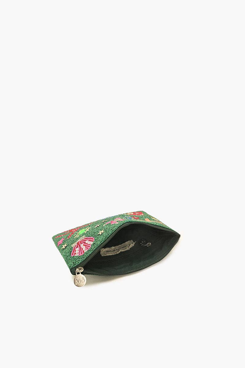 Emerald Sea Life Beaded Top Zip Clutch