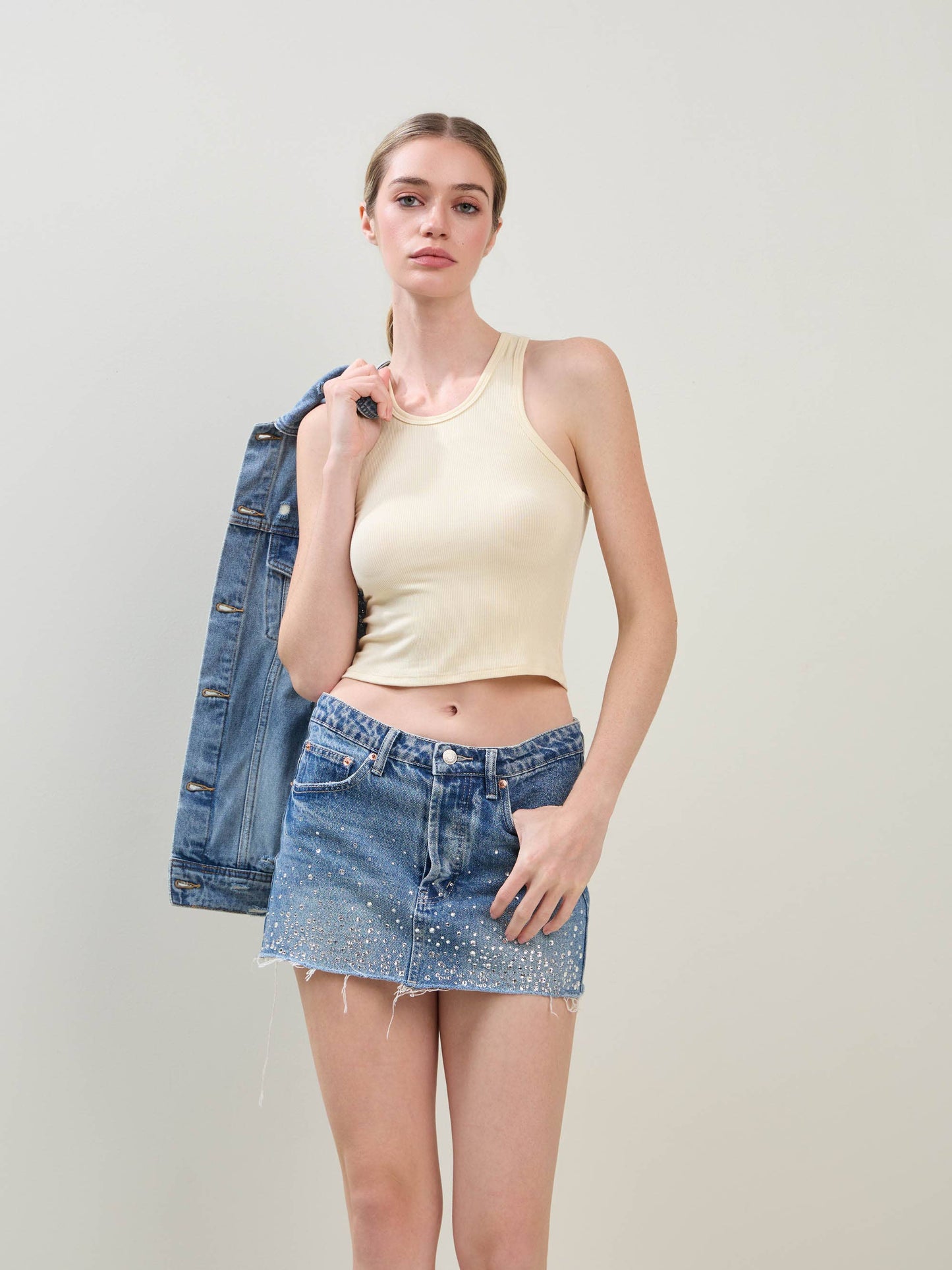 EMBELLISHED RHINESTONE DENIM MINI SKIRT