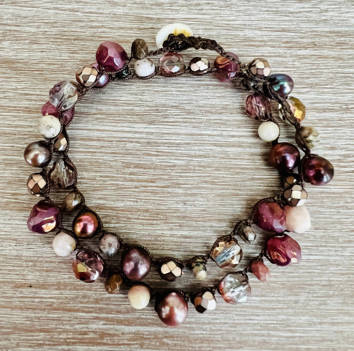 Vintage Rose Crocheted Necklace With Stones And Pearls