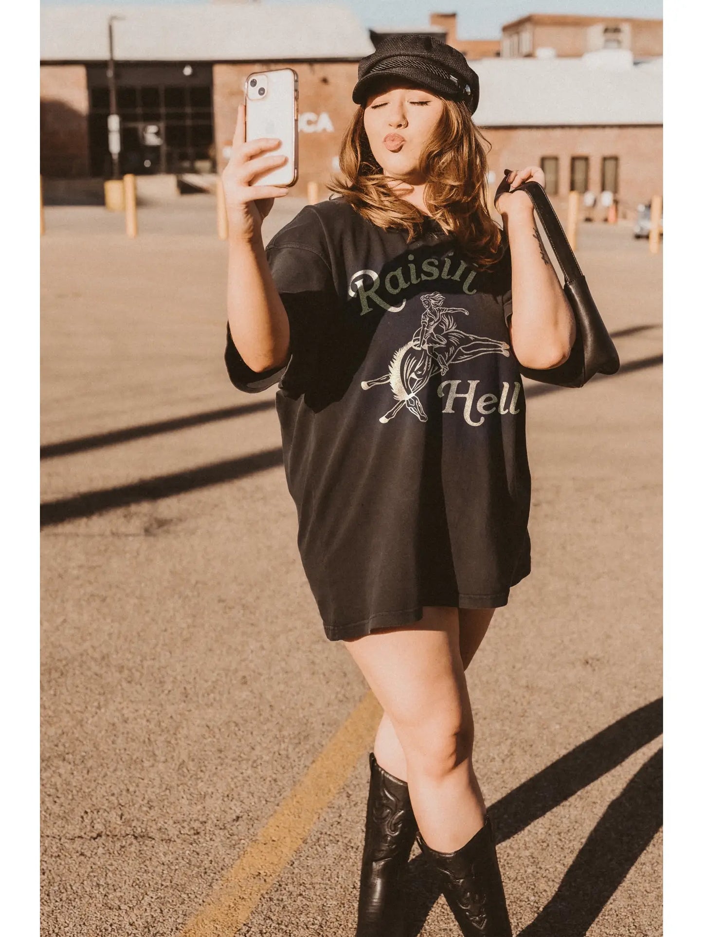 Raisin’ Hell Oversized Western Graphic Tee - Black