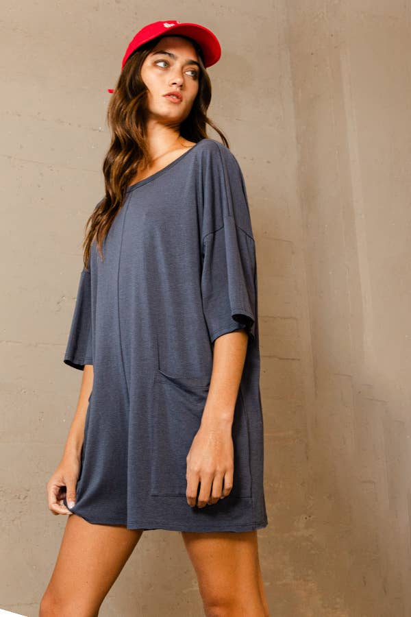 Navy Crew Neckline V-back Oversized Solid Romper