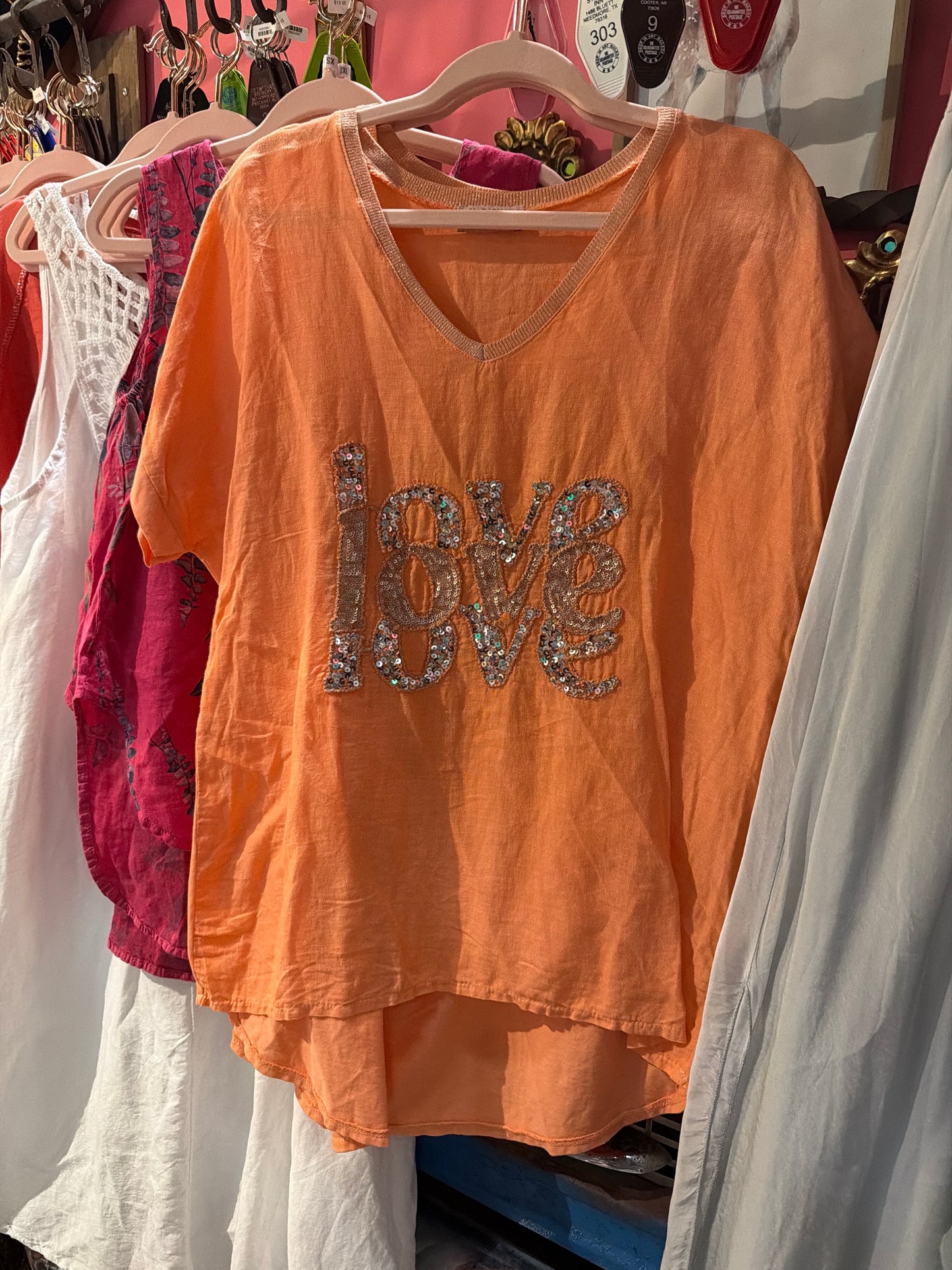 Orange Sherber Linen Sequin Love Contrast T-Shirt Blouse