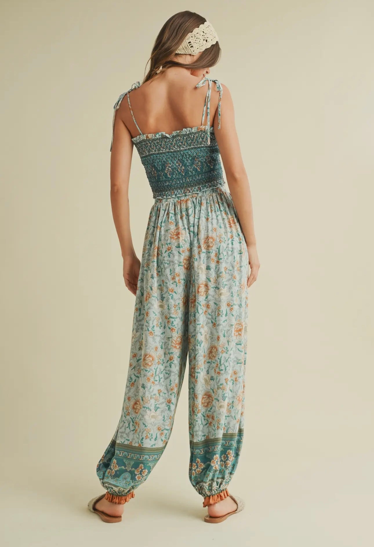 Turquoise and Orange Smocked Top and Floral Printed Pants