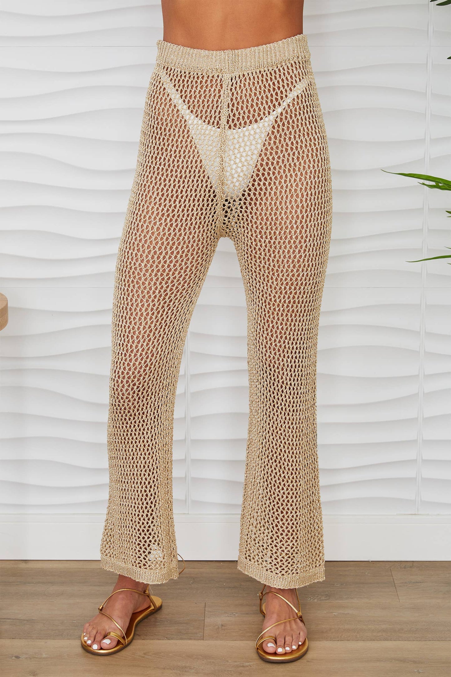 Metallic Gold Netted Crochet Mid Rise Mini Flare Pants
