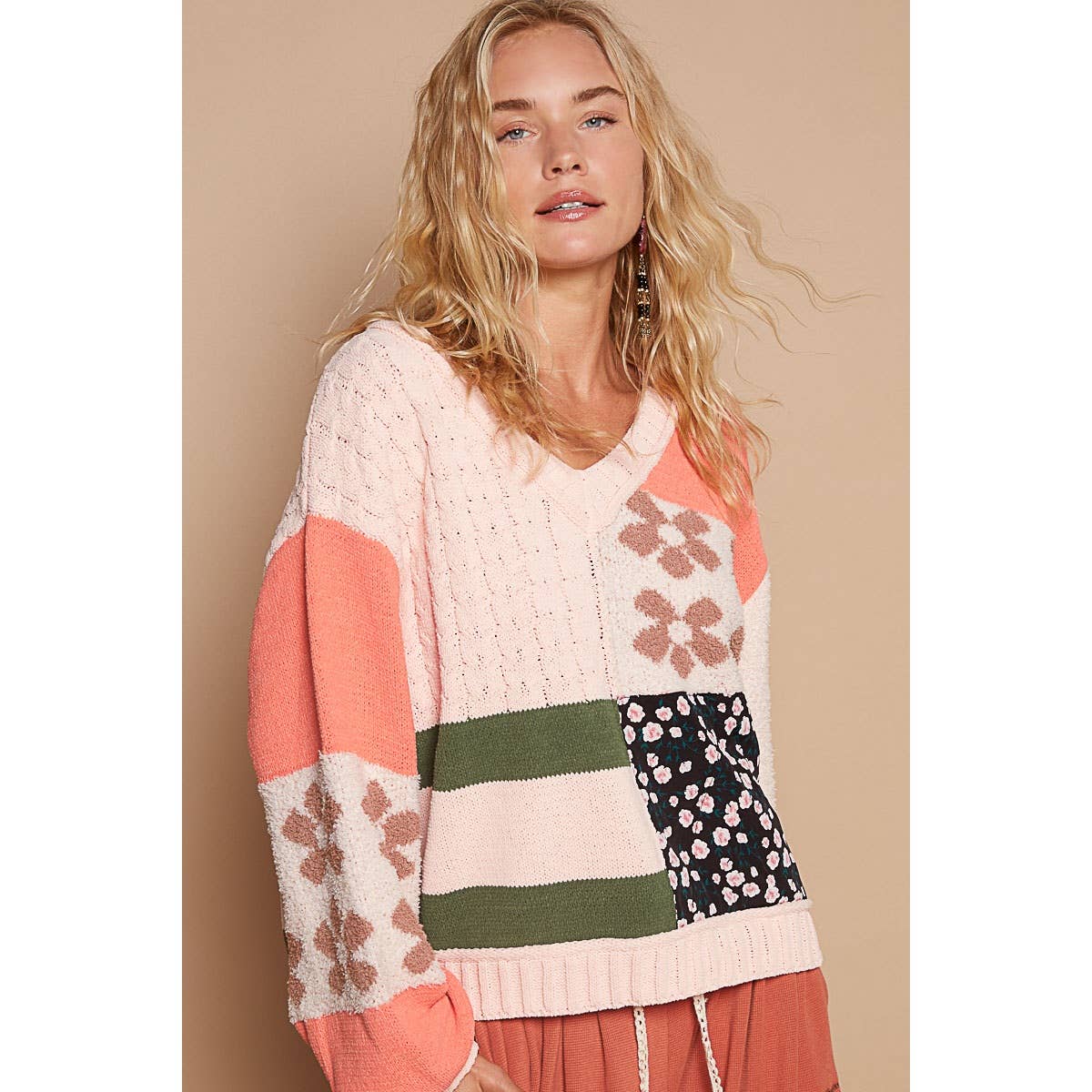 Coral and Green V-neck balloon sleeve color block floral sweater