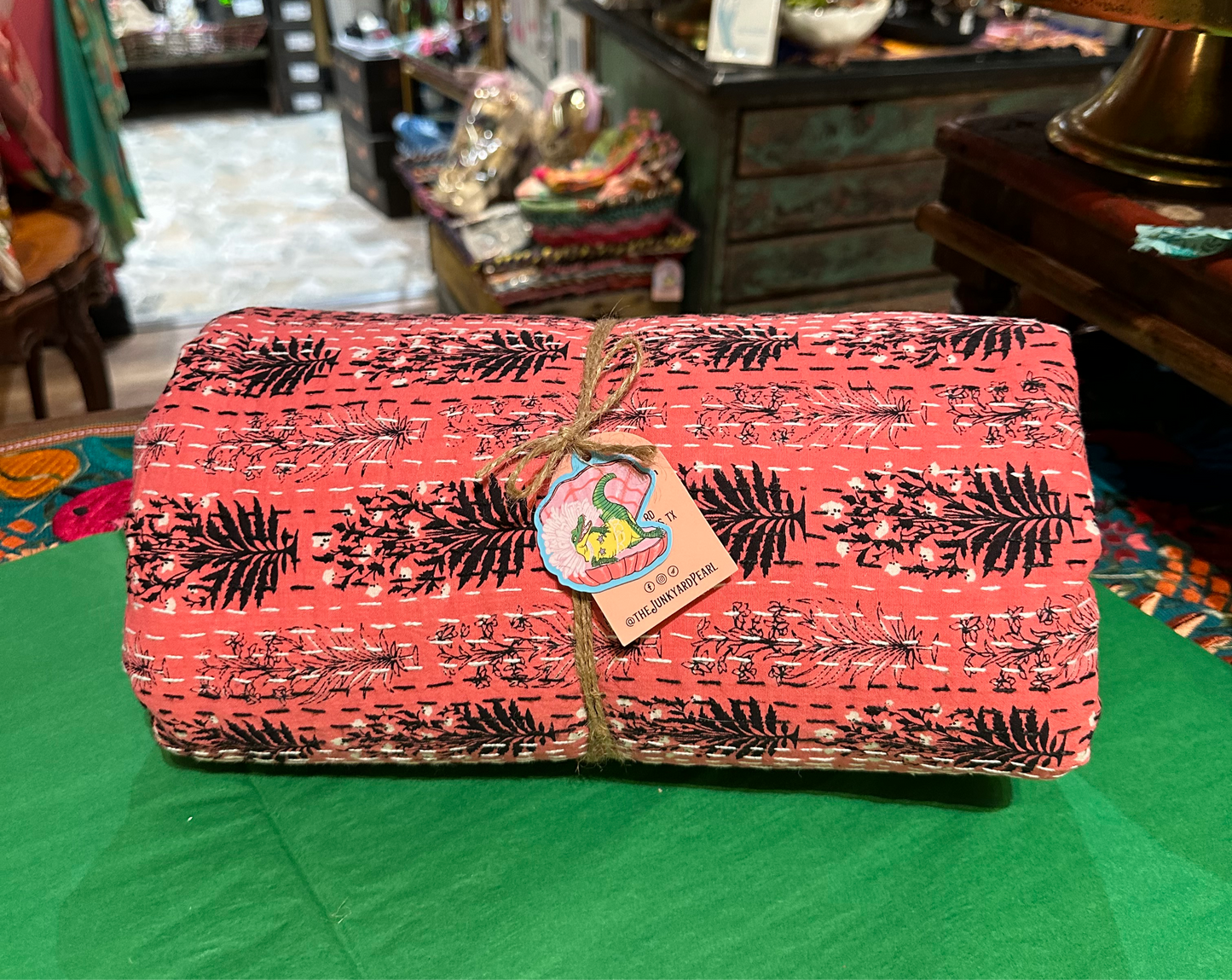 Ancient Pink and Coral Block Print Kantha Blanket