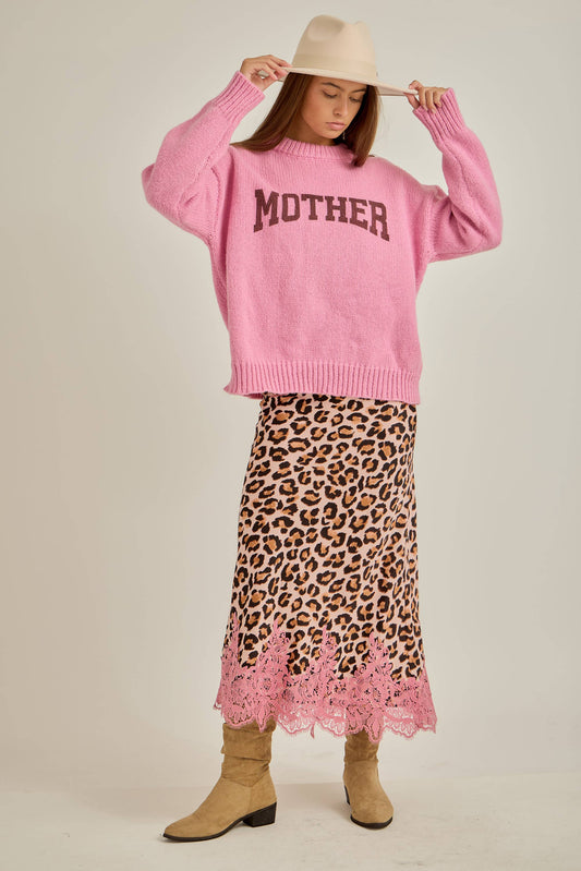 Leopard with lace hem fit & flare bias maxi skirt