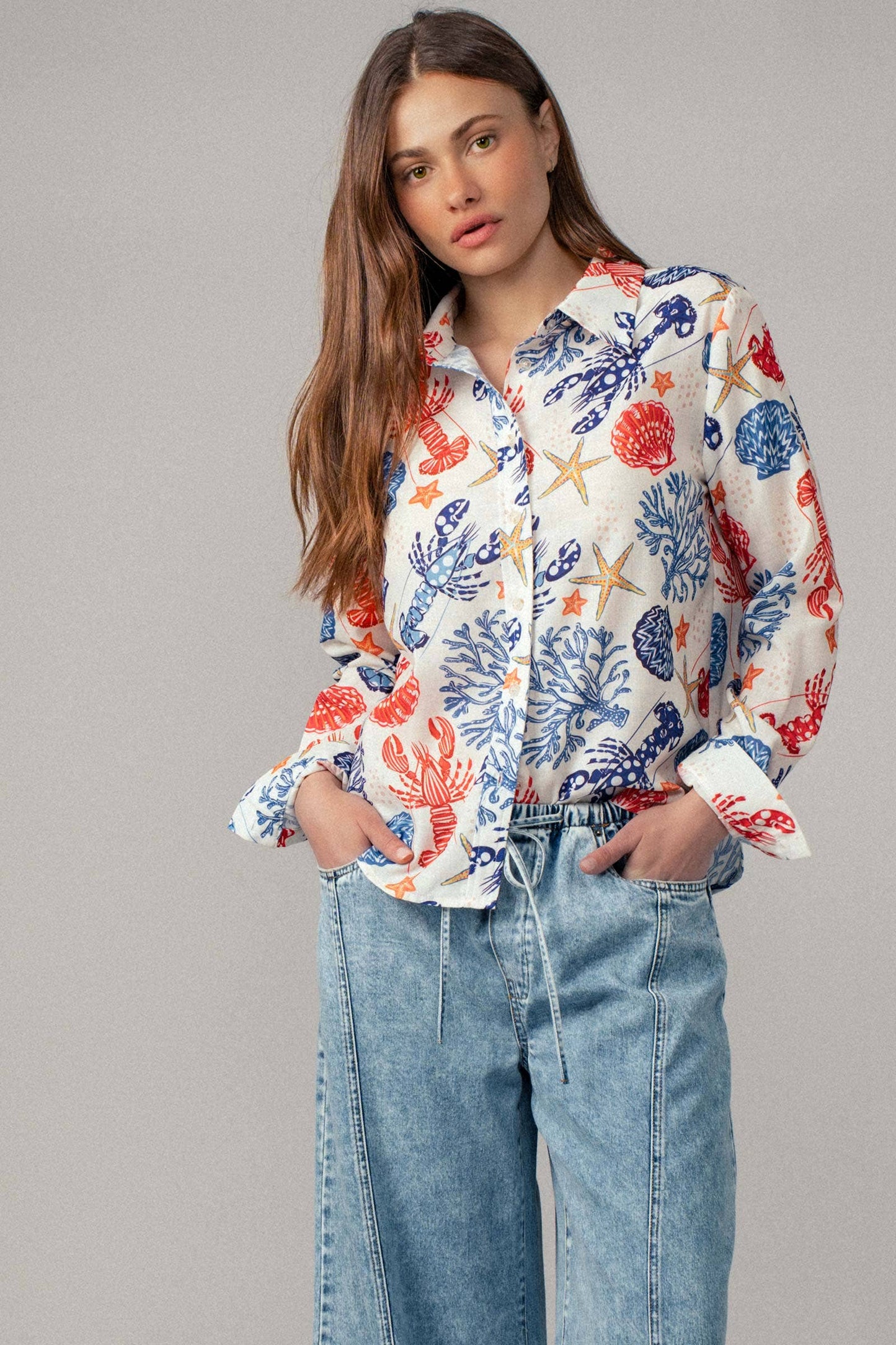Ocean Shell & Lobster Print Relaxed Summer Shirt