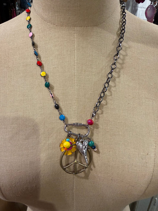 Rainbow Bead Peace Charm Necklace