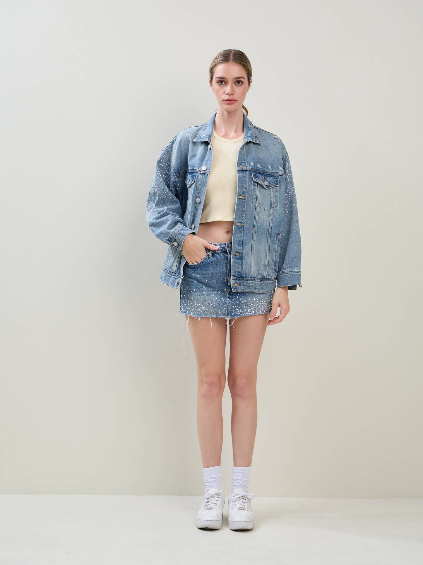 EMBELLISHED RHINESTONE DENIM MINI SKIRT