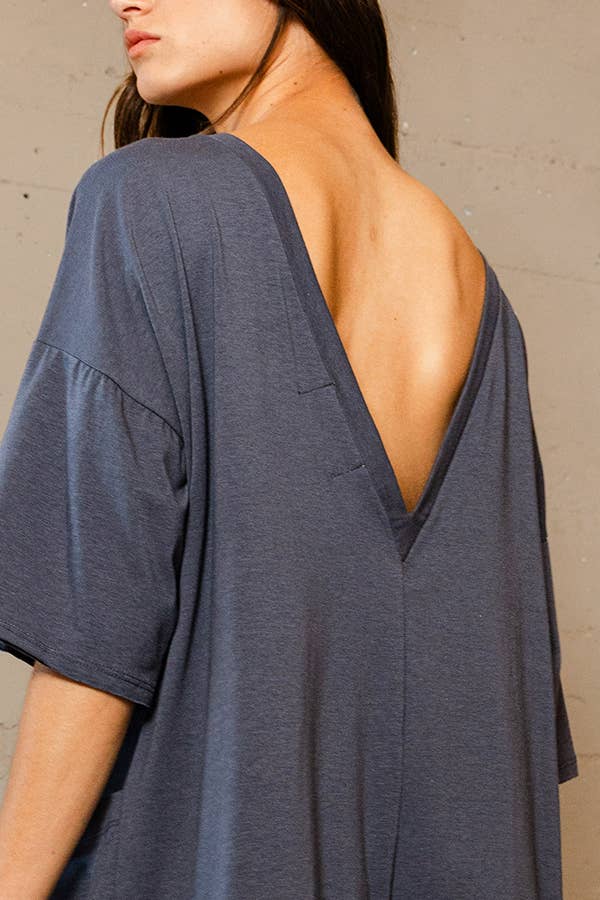 Navy Crew Neckline V-back Oversized Solid Romper