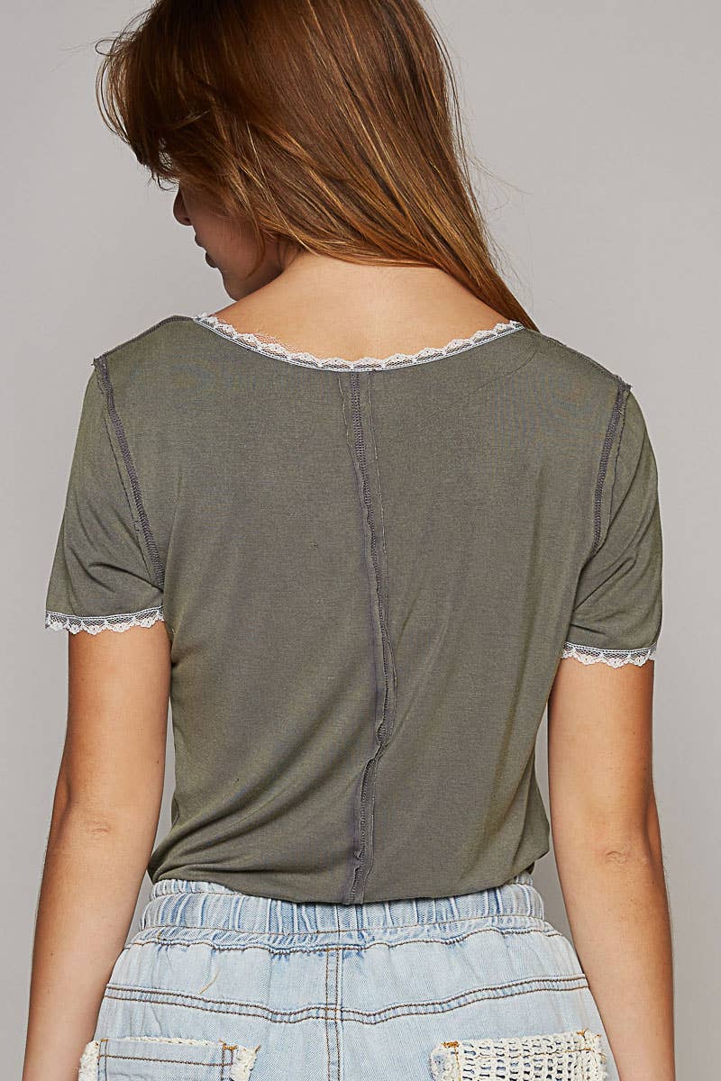 Charcoal Round neck lace lace short sleeve solid basic knit top