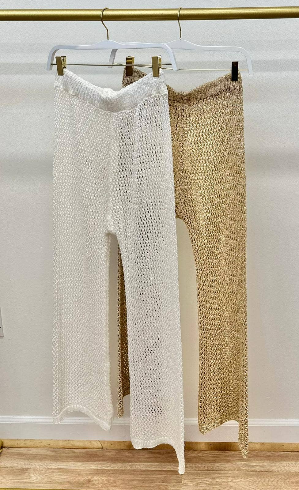 Metallic Gold Netted Crochet Mid Rise Mini Flare Pants