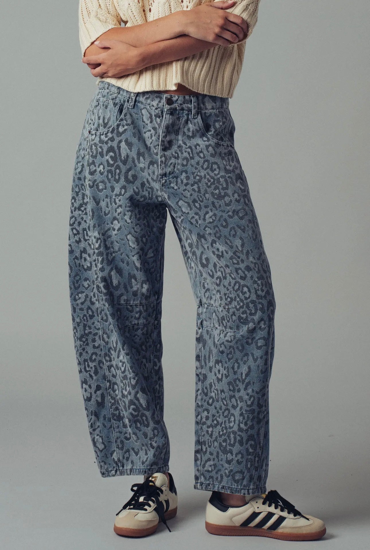 Blue Leopard Print Denim Barrel Jeans