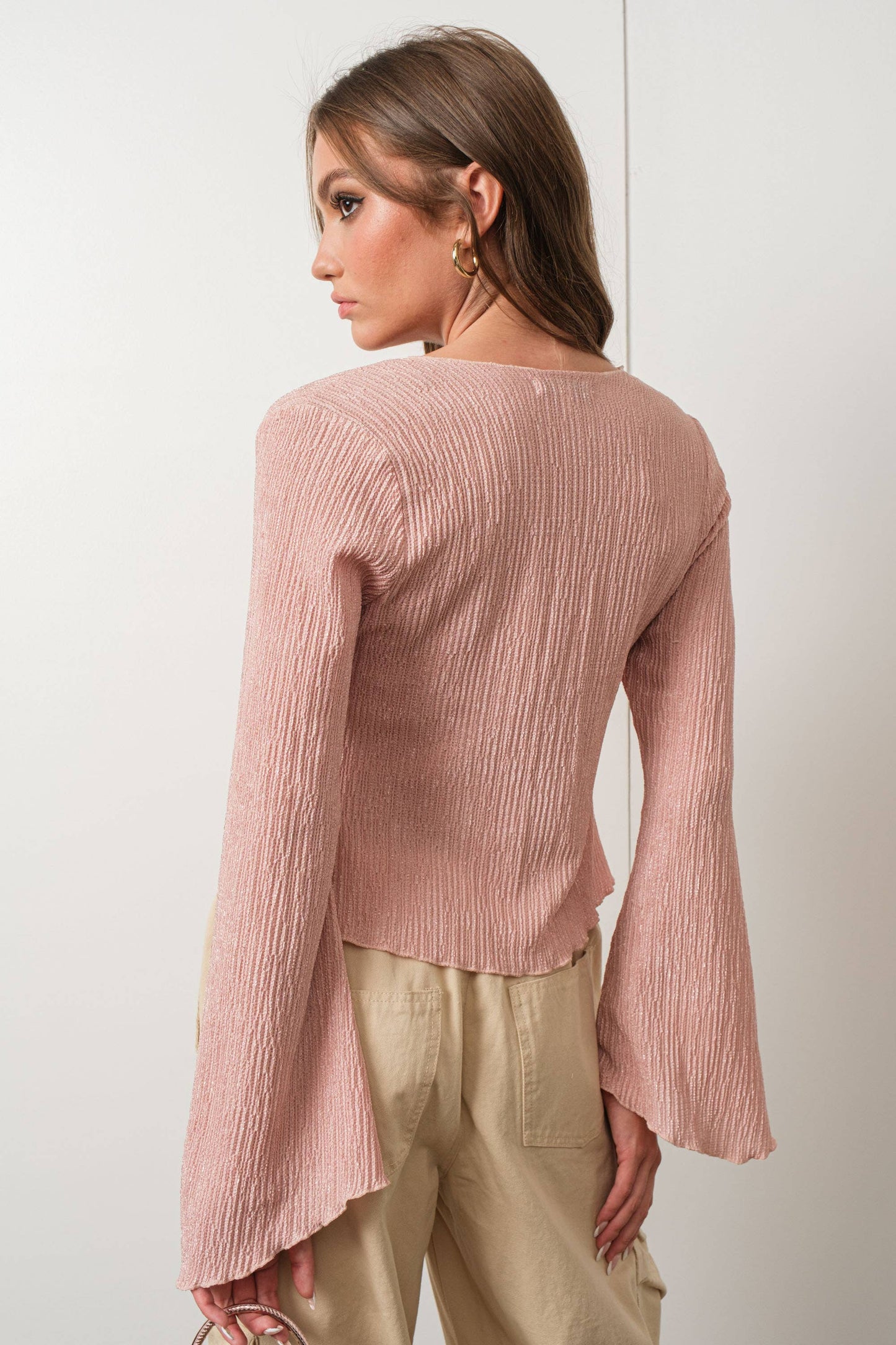 Pink TEXTURED BELL SLEEVE TOP