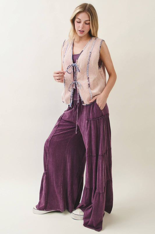 Purple Mineral Washed Tiered Wide Leg Pants