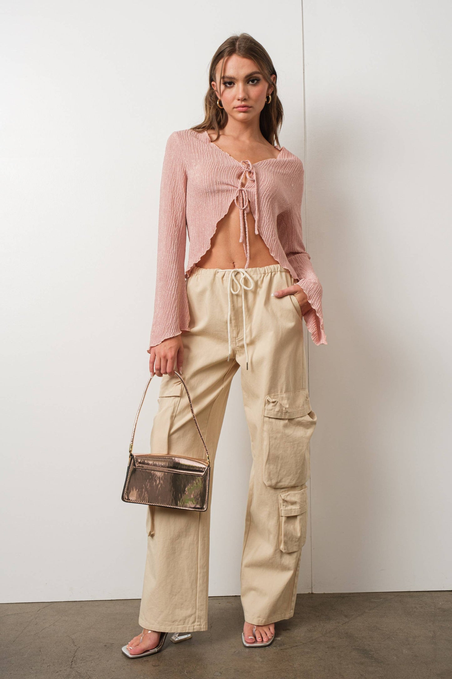 Pink TEXTURED BELL SLEEVE TOP
