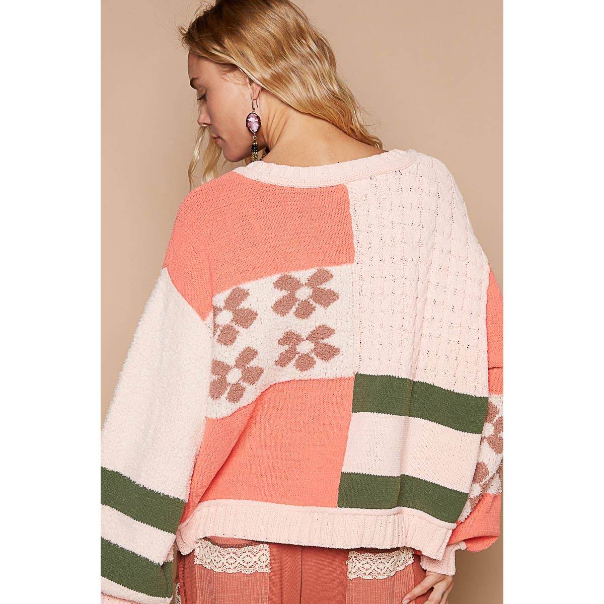 Coral and Green V-neck balloon sleeve color block floral sweater