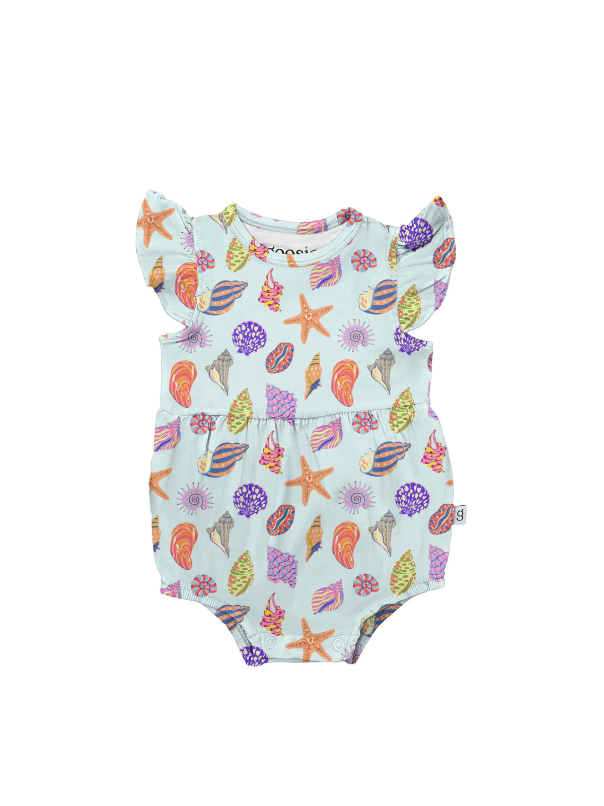 Colorful baby romper with sea-themed print on a white background