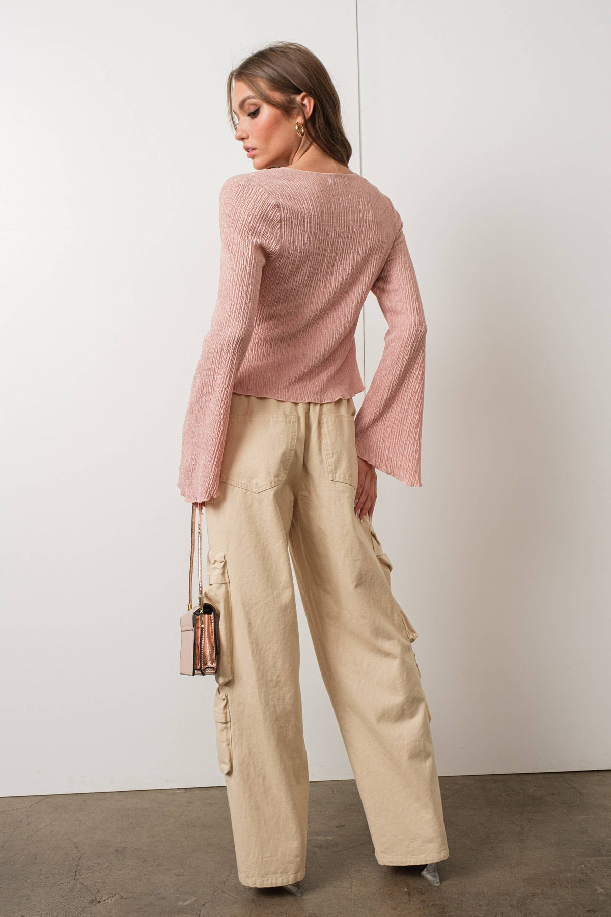 Pink TEXTURED BELL SLEEVE TOP