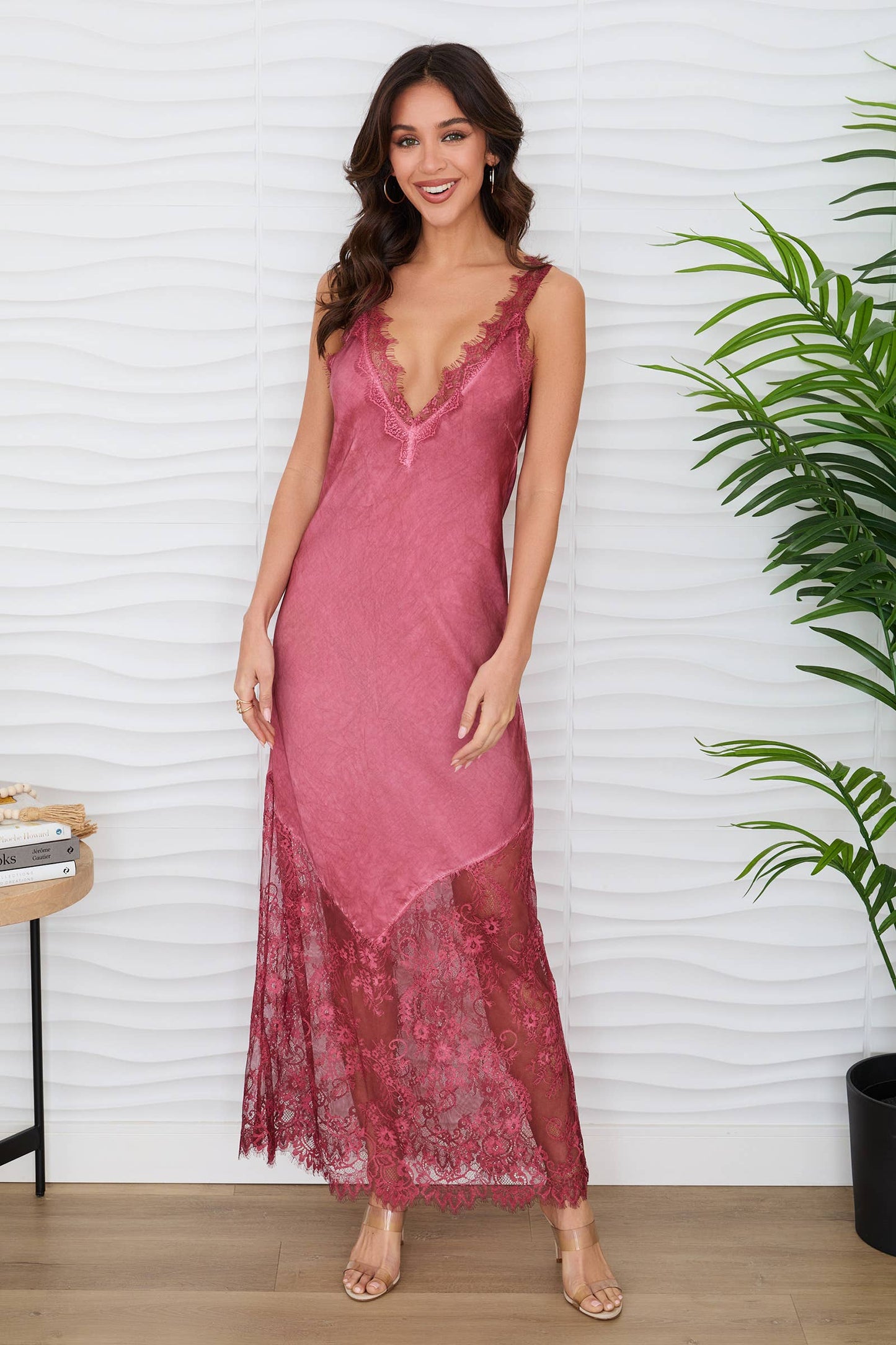 Pink Rose SILKY LACE MAXI DRESS