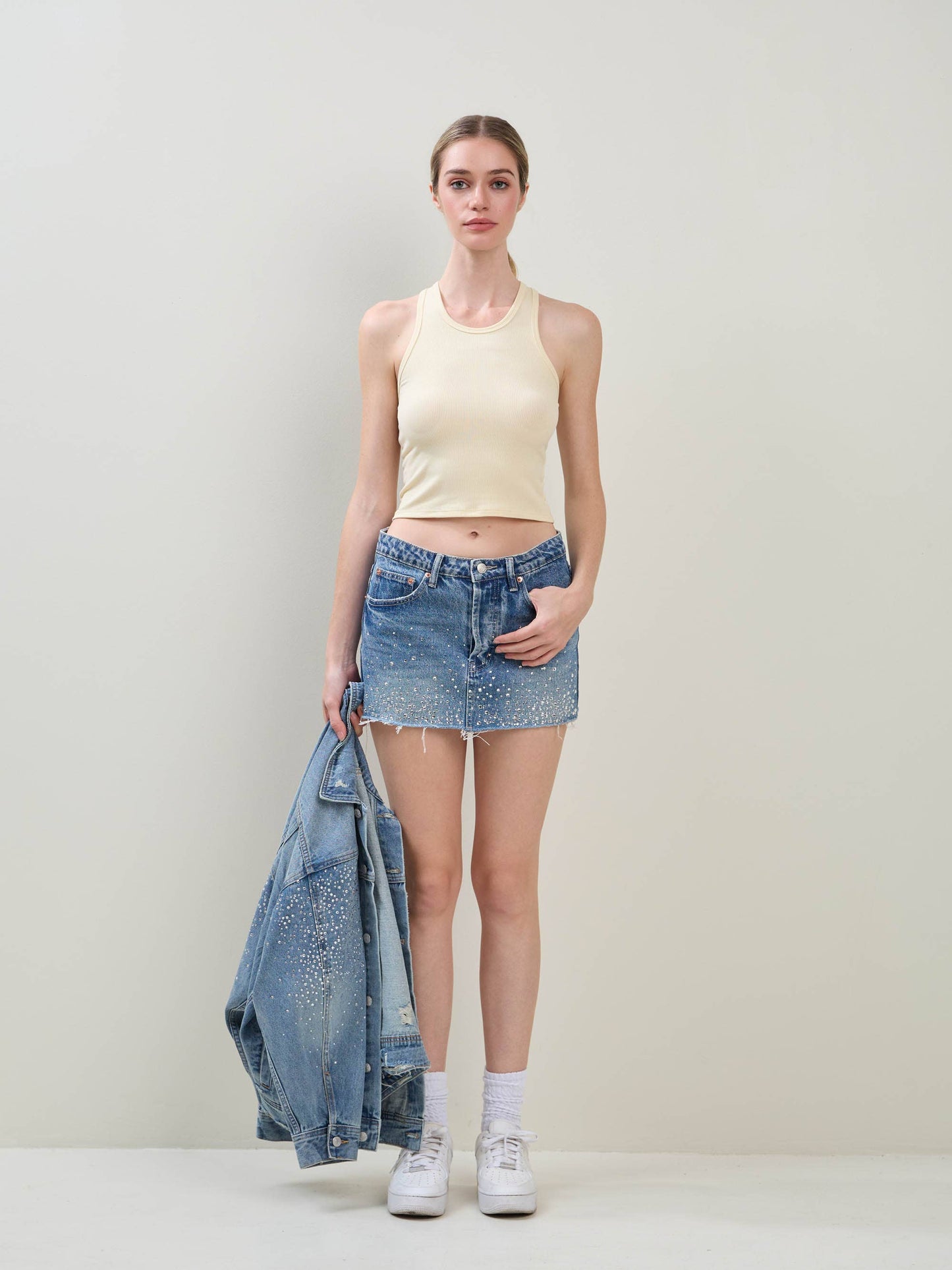 EMBELLISHED RHINESTONE DENIM MINI SKIRT