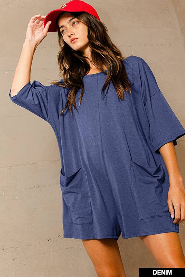 Navy Crew Neckline V-back Oversized Solid Romper