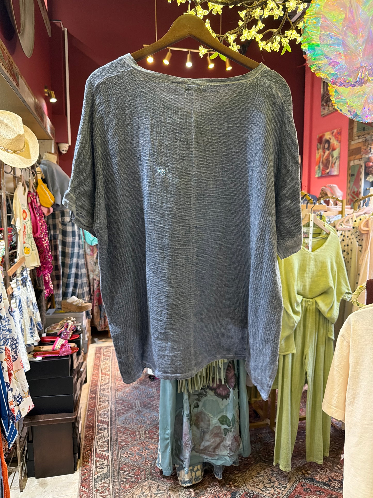 Slate Blue Linen Short Sleeve Blouse