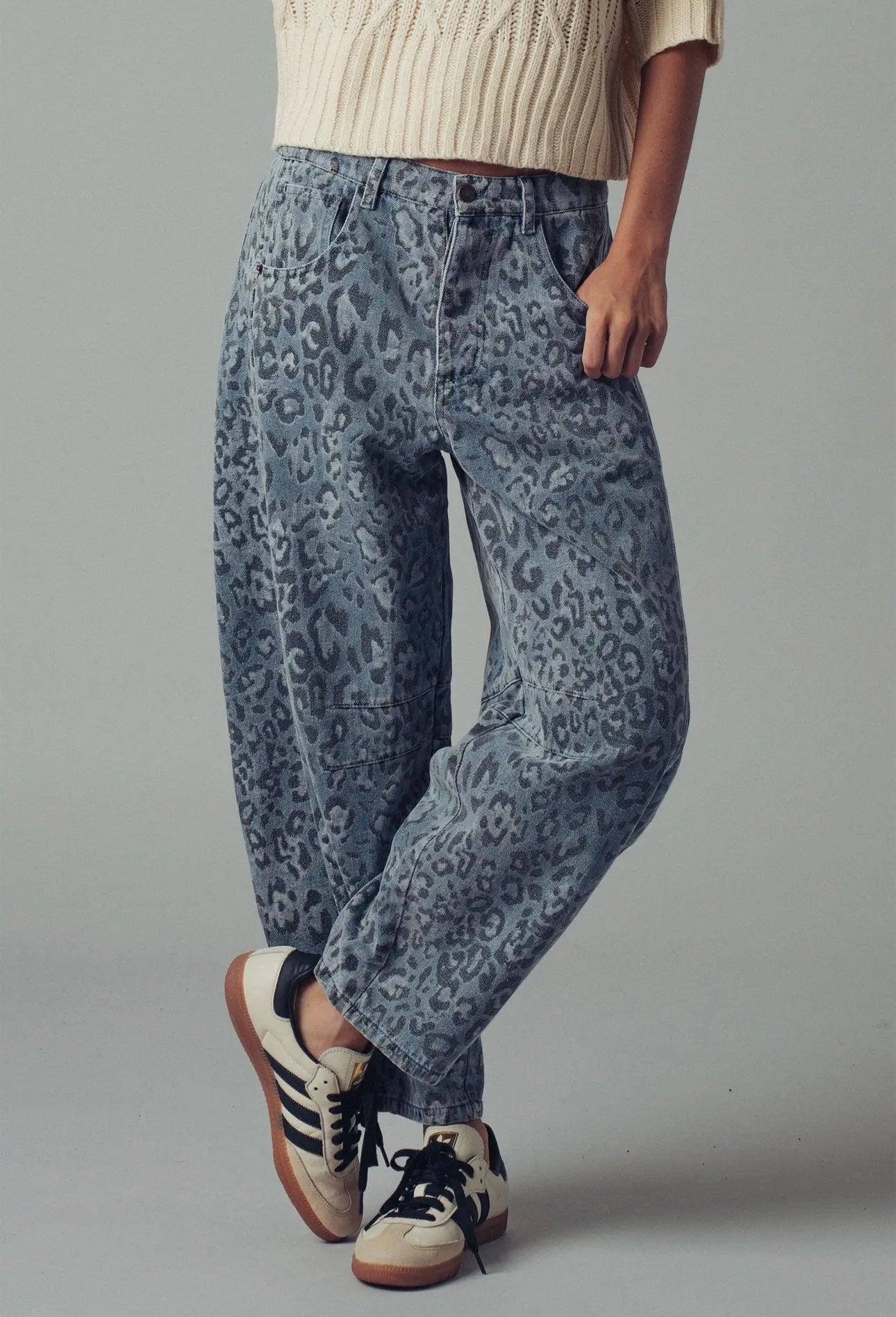 Blue Leopard Print Denim Barrel Jeans