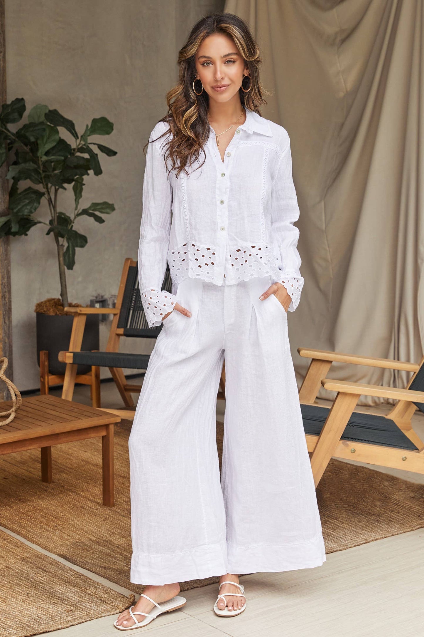 White Linen Buttondown with Embroidery Trim