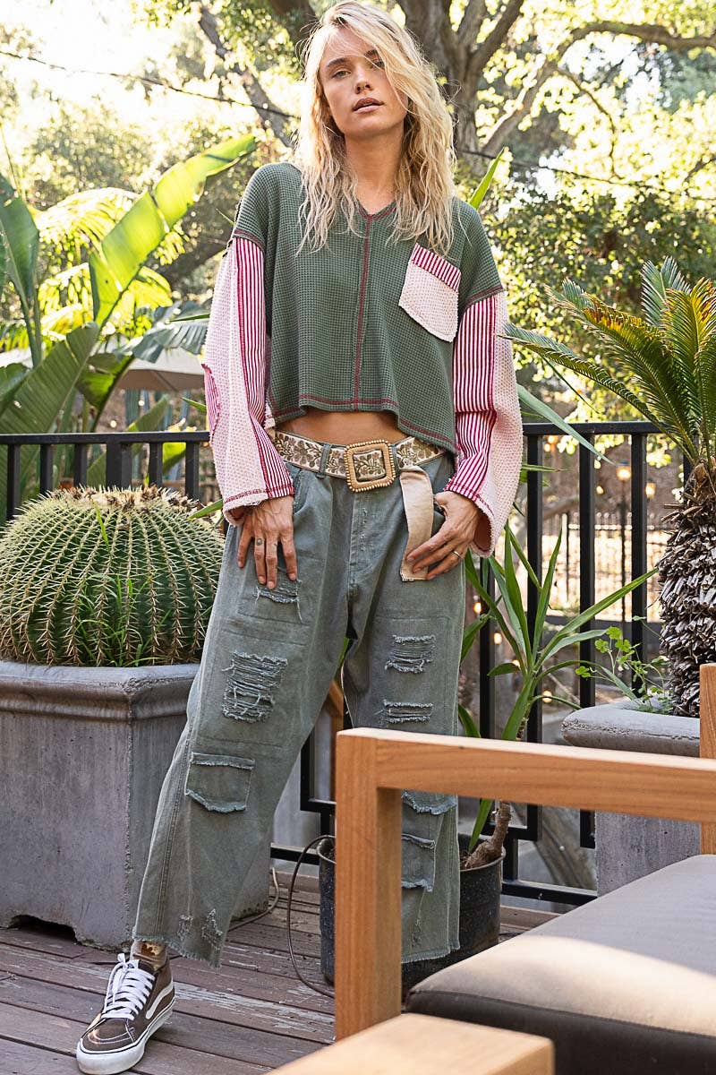 Round Neck Wide Sleeve Oversized Thermal Knit Top