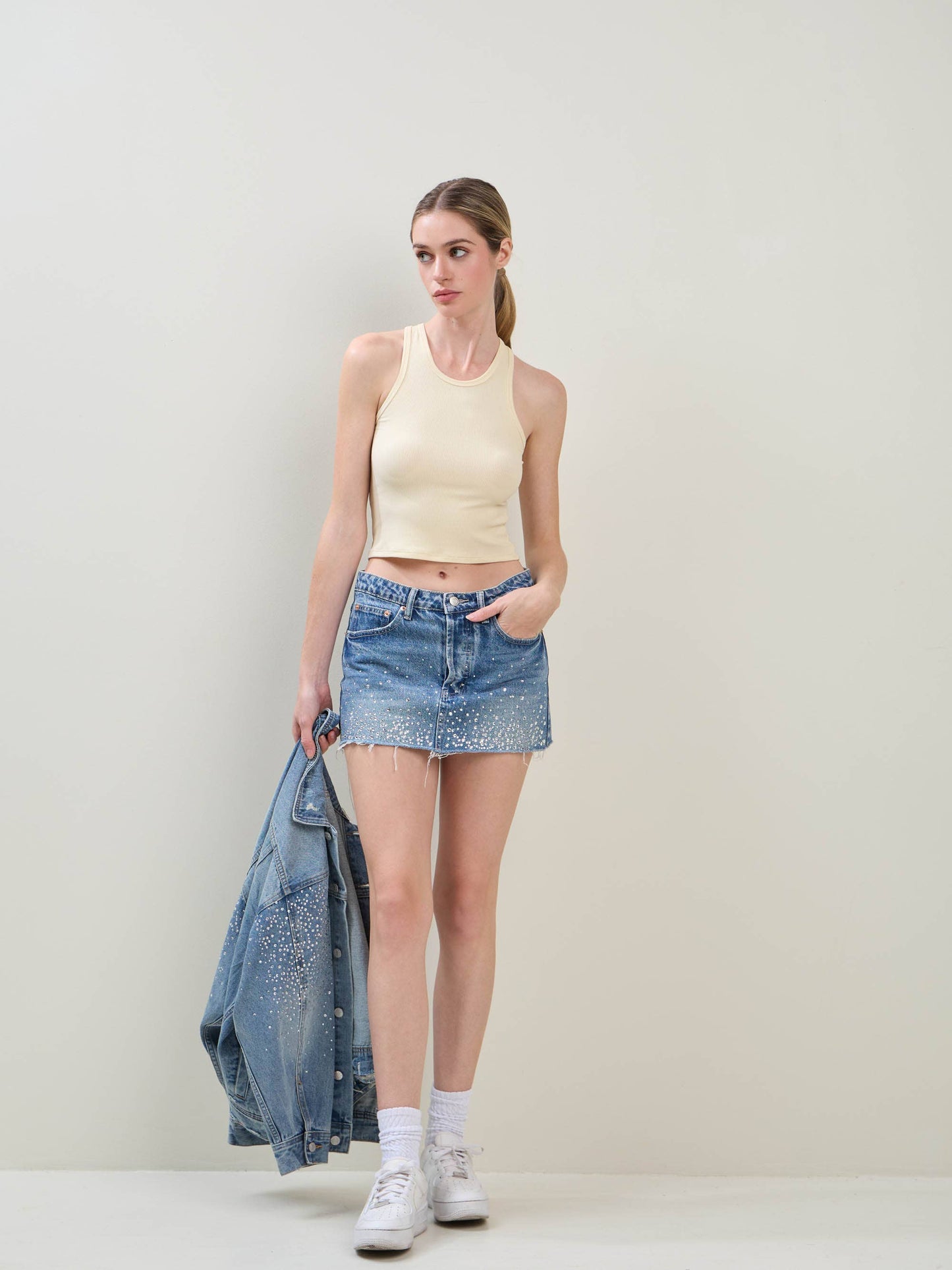EMBELLISHED RHINESTONE DENIM MINI SKIRT