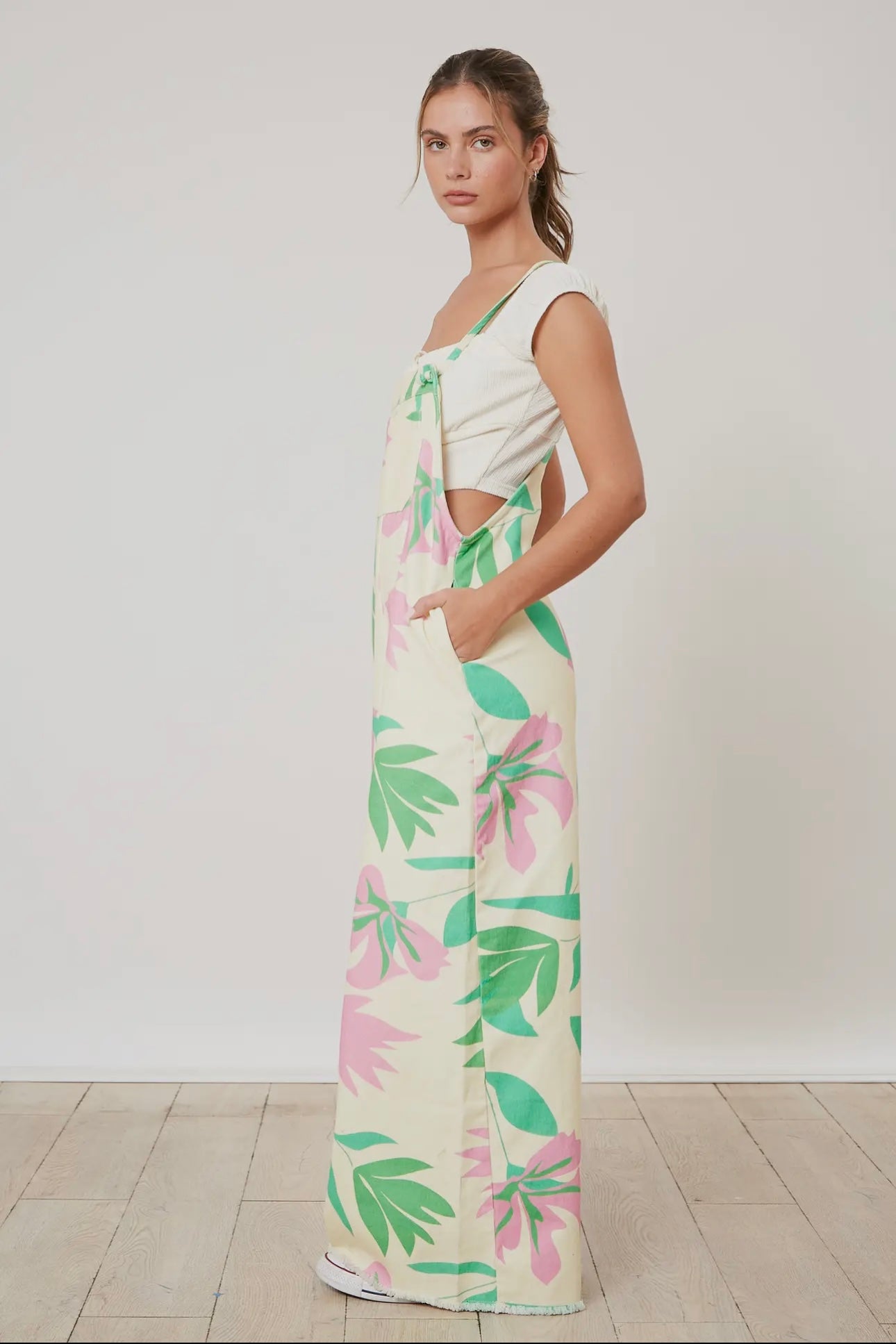 Tropical Print Denim Jumpsuit Overalls