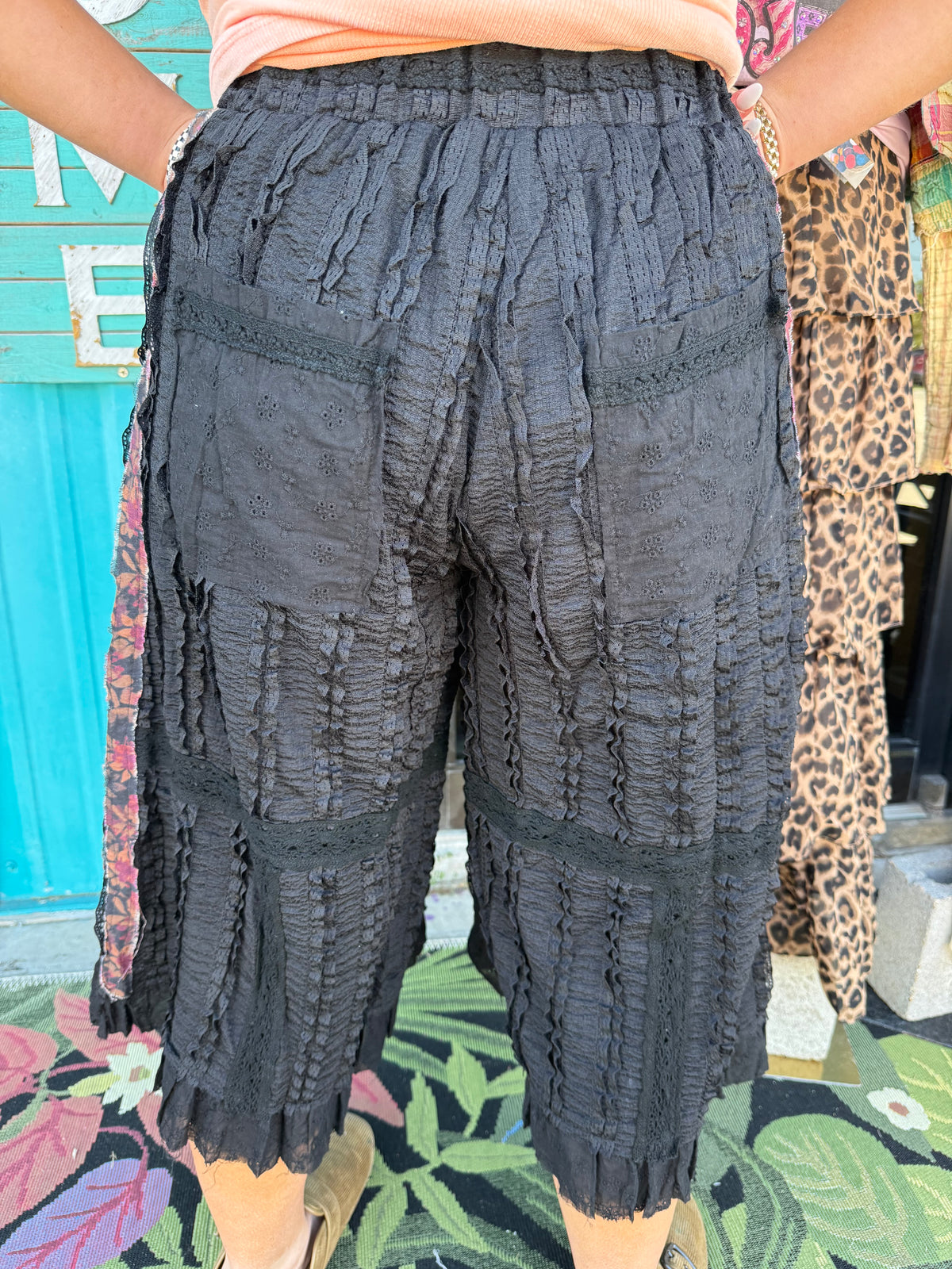 Lace Print Patch Eyelet Ruffle Wide Leg Pants