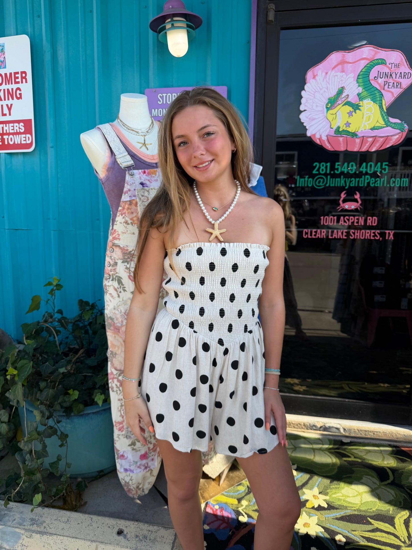 POLKA DOT STRAPLSS SMOCKED ROMPER
