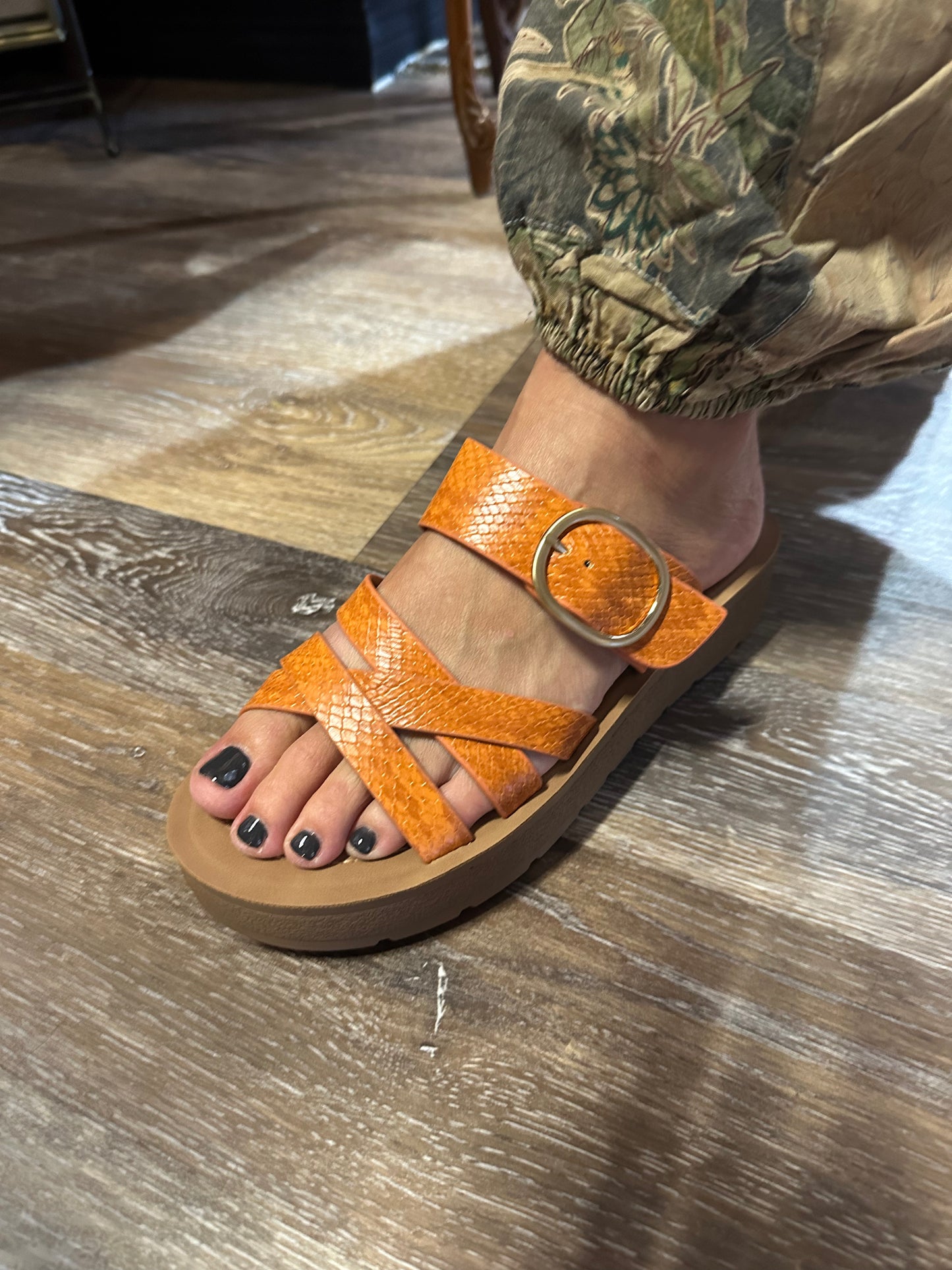 Orange Snake Print Strappy Semi Platforn Sandals