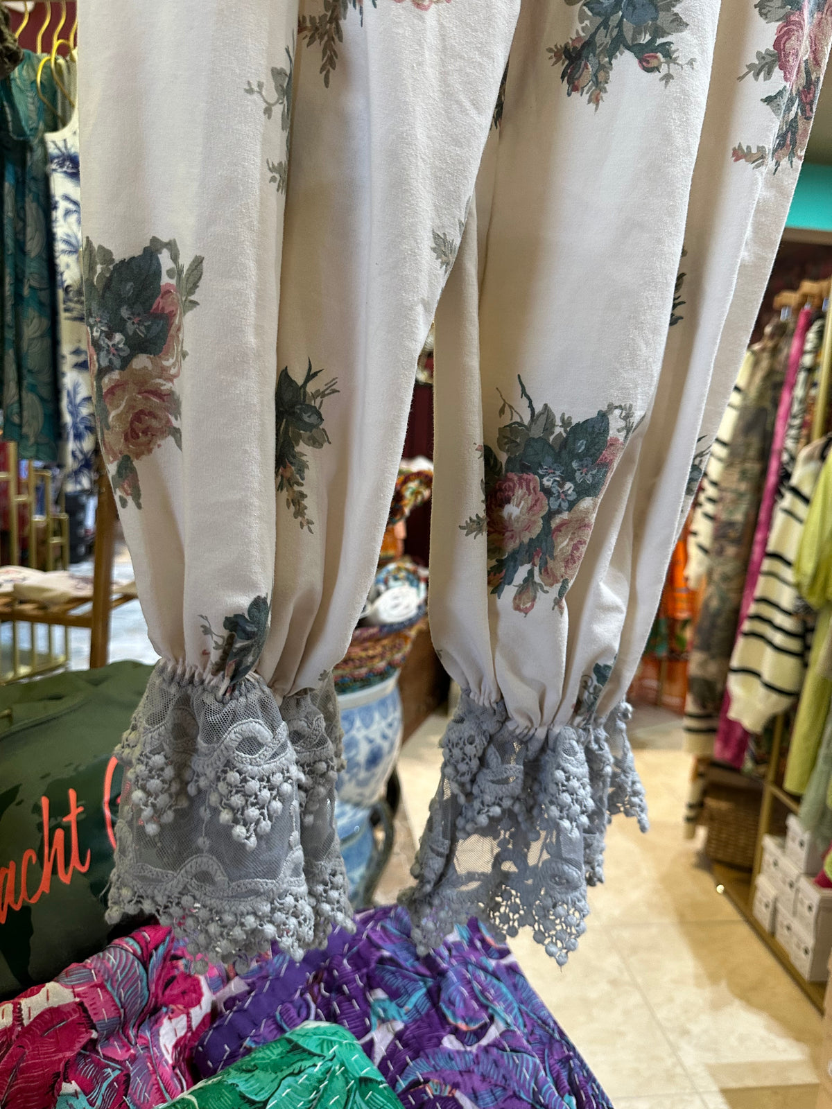 Peony Rose Floral Print Blue Lace Trim Bloomer Pants