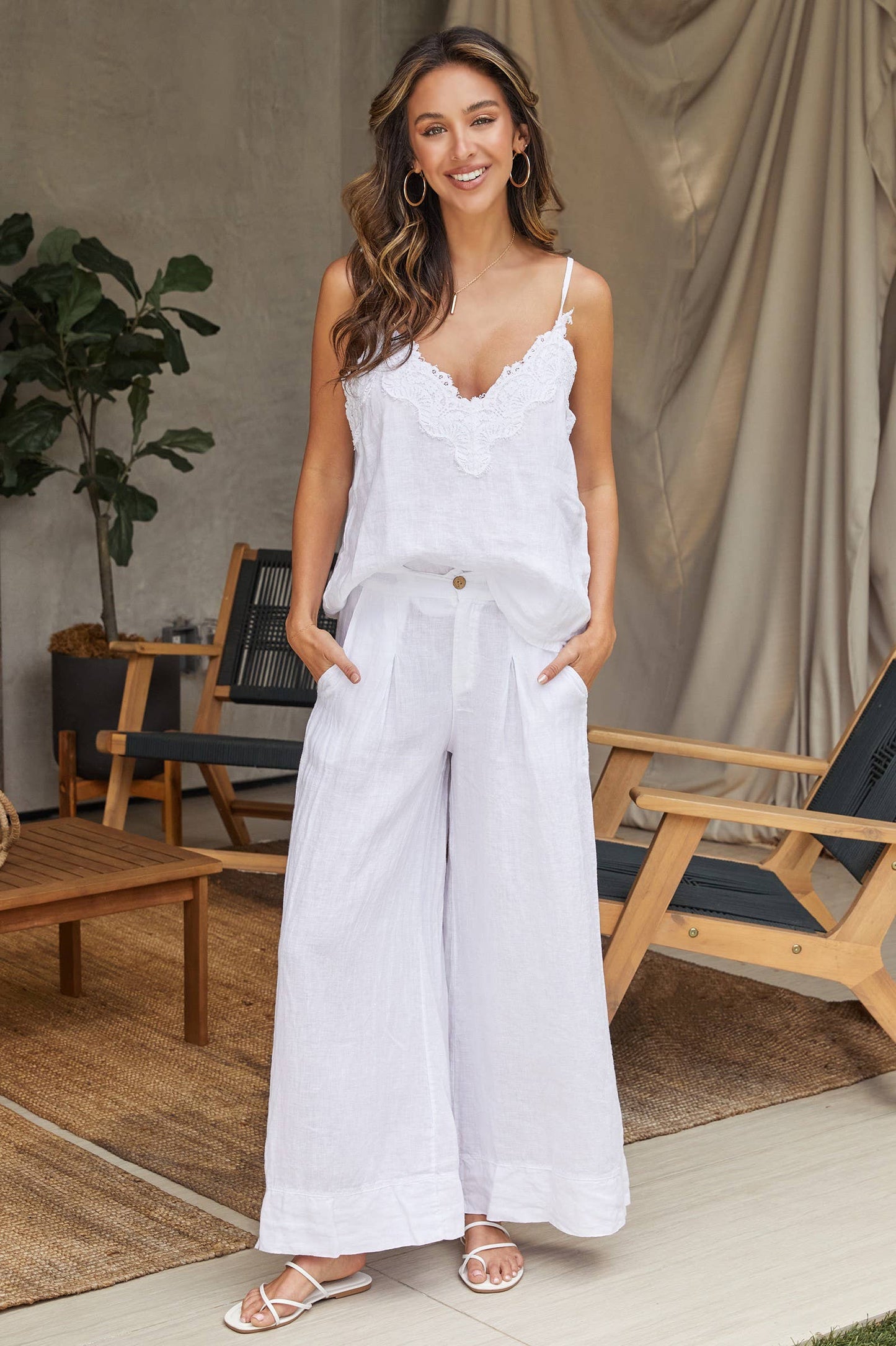 White Linen Camisole Tank Top with Lace Trim