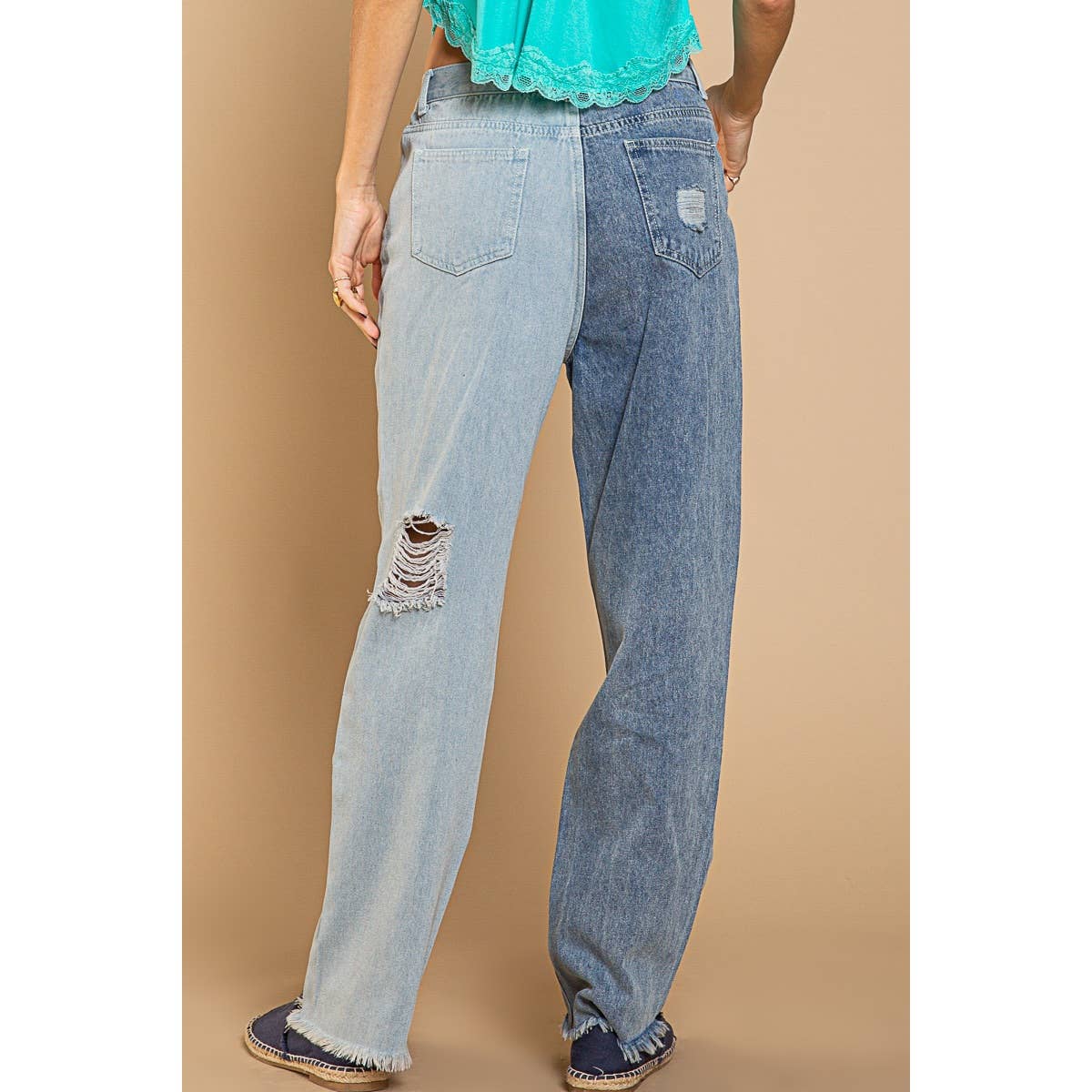 Distressed Edge Color Block Denim Pants