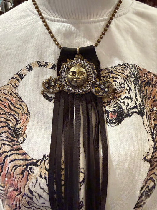 Vintage Crystal Leather Moon Necklace