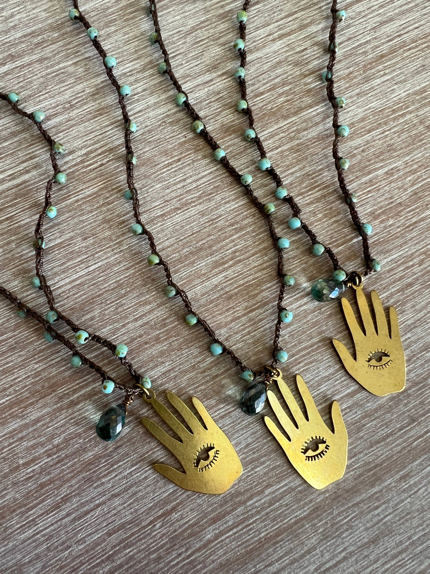 Hamsa Hand Necklace With Green Quartz Drop