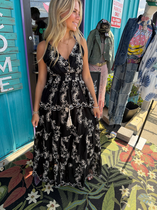 Embroidered Viscose Smocked Waistband Maxi Skirt